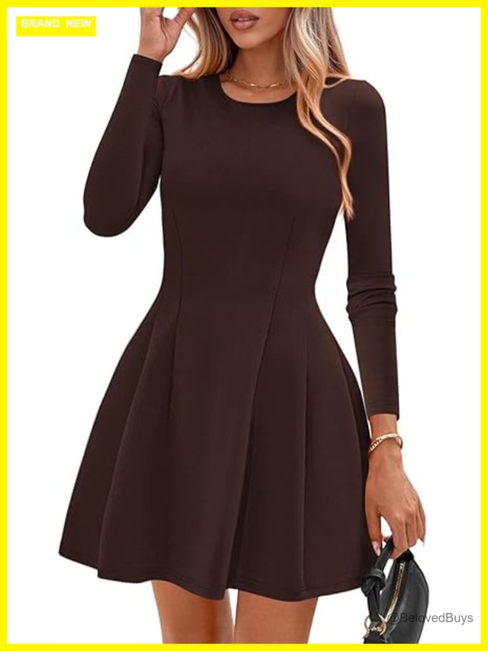 Long Sleeve Mini Dress - Knit Pleated Babydoll A Line Swing